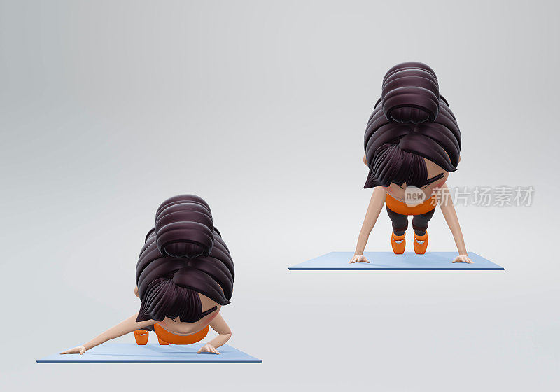 3 d渲染。女性用俯卧撑姿势锻炼。锻炼的目标是腹部、股四头肌和肩部肌肉。